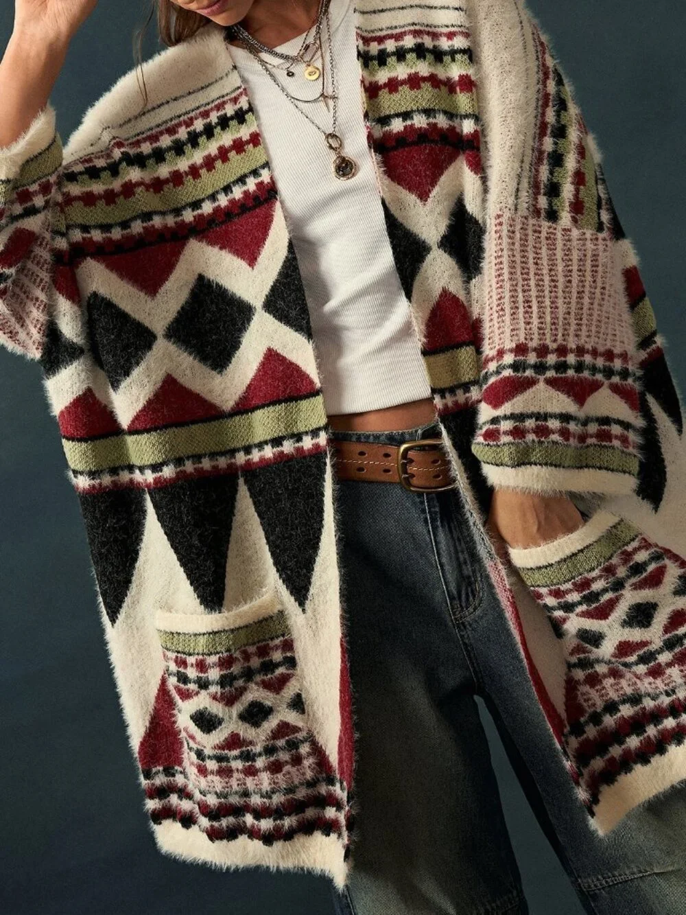 Multicolor Casual Women's Geometric Drop Shoulder Rib-Knit Cardigan